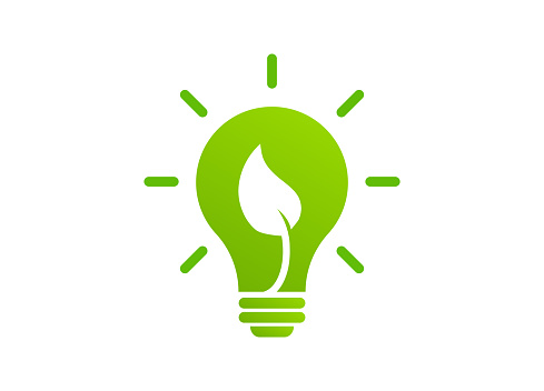 Green light bulb with leaf inside. Clean energy concept ,Vector illustration