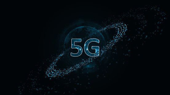 Blue digital 5G letter with particle ring circle rotation and earth sphere with ai technology icon on futuristic abstract background generation of connection concepts