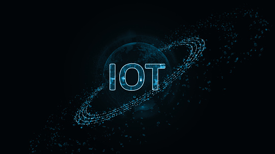 Blue digital IOT logo with particle ring circle rotation and earth sphere with ai technology icon on futuristic abstract background internet of things concepts