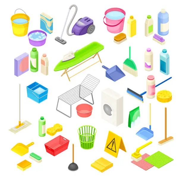 Vector illustration of Household Cleaning Equipments with Mop, Broom and Bottles with Detergents Isometric Big Vector Set