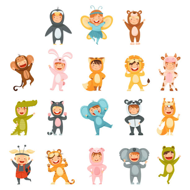 Little Boy and Girl Wearing Animal Costumes Waving Hand and Having Fun Big Vector Set Little Boy and Girl Wearing Animal Costumes Waving Hand and Having Fun Big Vector Set. Cute Children Dressed in Masquerade Clothing Engaged in Cosplay or Role Playing kid animal costume stock illustrations