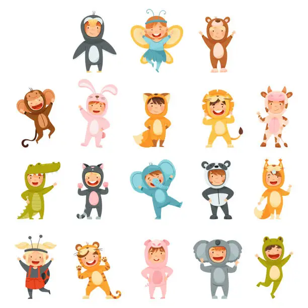 Vector illustration of Little Boy and Girl Wearing Animal Costumes Waving Hand and Having Fun Big Vector Set
