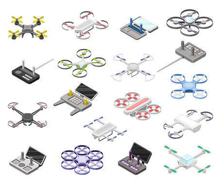 Pilotless Drone as Aerial Vehicle and Remote Control Panel Isometric Big Vector Set. Unmanned Aircraft with Propeller for Autonomous Flight as Wireless Device Concept