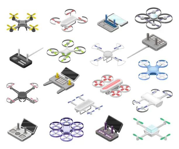 Vector illustration of Pilotless Drone as Aerial Vehicle and Remote Control Panel Isometric Big Vector Set