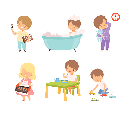 Daily routine of little boys and girl. Cute kids playing chess, bathing, baking cookie, play toys, having breakfast cartoon vector illustration isolated on white