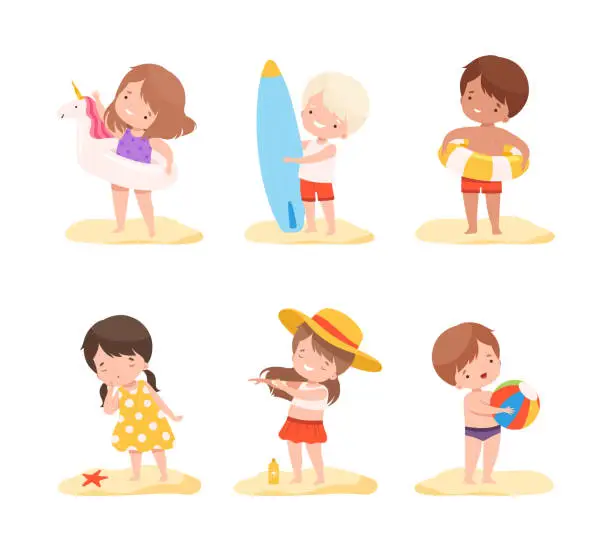 Vector illustration of Cute kids playing at beach. Happy little boys anf girls playing at seaside, riding surfboard, swimming and sunbathing cartoon vector illustratio