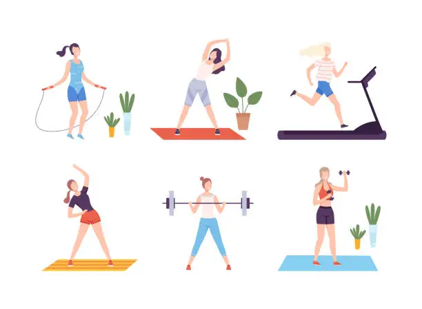 Vector illustration of Young women doing sports set. Athletic women jumping with skipping rope, running in treadmill, lifting barbell flat vector illustration