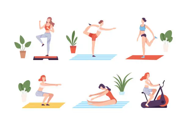 Vector illustration of Young women doing sports set. Athletic women doing fitness activities flat vector illustration