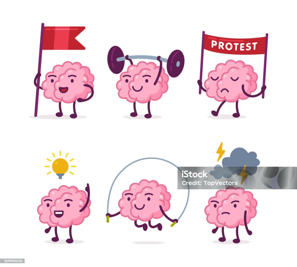 Organs Protesting Cartoon Cute Funny Brain Characters Set Human Brain Nervous System Organ ...