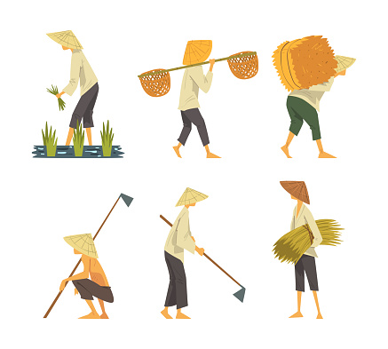 Asian farmers working on field set. Peasants characters in straw conical hat with agricultural tools cartoon vector illustration isolated on white