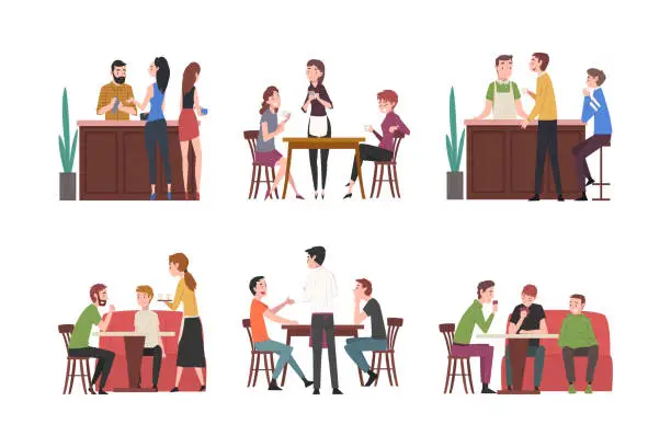 Vector illustration of People sitting at cafe set. Friends drinking coffee, chatting and resting at tables in cafe. Barista and waiter serving customers cartoon vector illustration