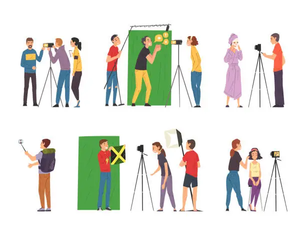 Vector illustration of Bloggers or vloggers recording video on camera and smartphone. Live video streamers creating content cartoon vector illustration
