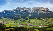 Panorama aerial image of valleys and the famous Wilder Kaiser mountain range, Austria