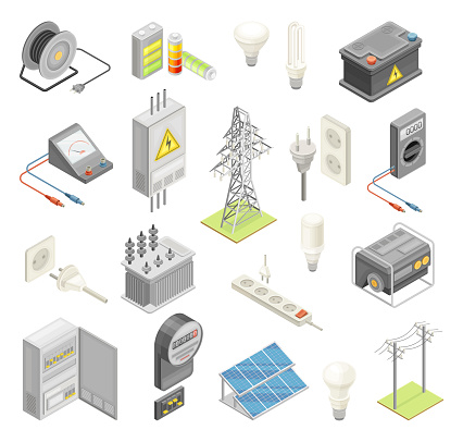 Electric Power Objects with Breaker Box, Socket, Accumulator and Lightbulb Isometric Big Vector Set. Electrical Energy Supply and Infrastructure with Current Distribution Concept