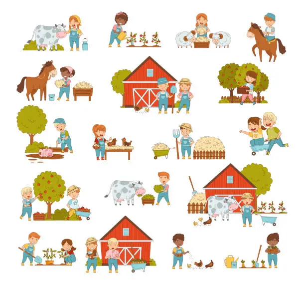 Vector illustration of Little Children Working on the Farm Feeding Livestock, Harvesting and Gardening Big Vector Set