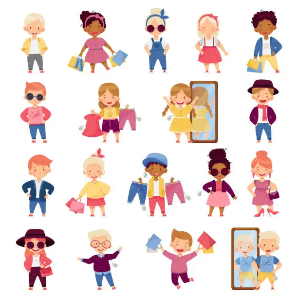 Vector illustration of Little Kids Wearing Different Fashion Clothes Fitting New Stylish Look Big Vector Set
