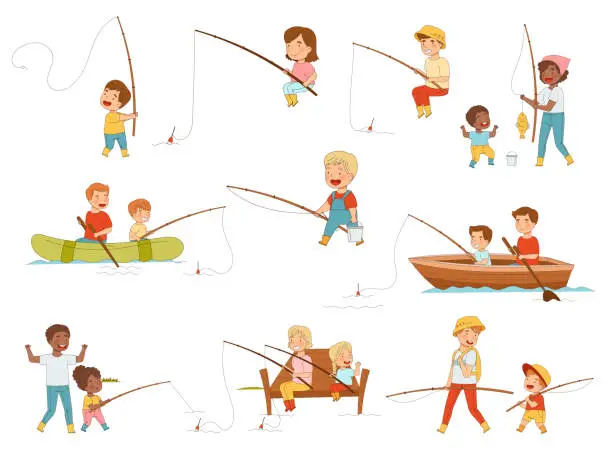 Vector illustration of Happy Children and Parents with Fishing Rod Catching Fish in the River or Lake in Summer Big Vector Set
