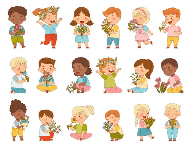 Vector illustration of Preschool Children with Flower Bouquet and Wreath Smelling Aroma and Fragrance Big Vector Set