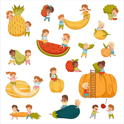 Little Children Playing with Huge Fruit and Vegetables Big Vector Set. Cute Kids and Appetizing Ripe and Juicy Vitaminic Agricultural Crops as Healthy Organic Nutrition Concept