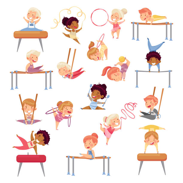Little Boy and Girl Doing Gymnastics with Pommel Horse and Parallel Bars Big Vector Set Little Boy and Girl Doing Gymnastics with Pommel Horse and Parallel Bars Big Vector Set. Smiling Kids Engaged in Sport Activity and Physical Exercise Training Balance and Strength Concept gymnastics stretches stock illustrations