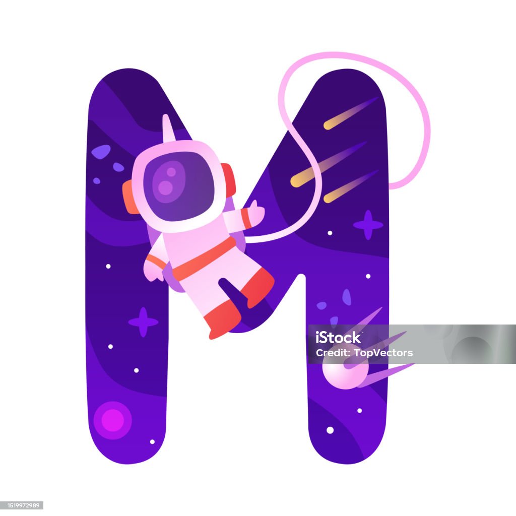 Space Letter M As Font And Alphabet Capital Bold Figure With Astronaut