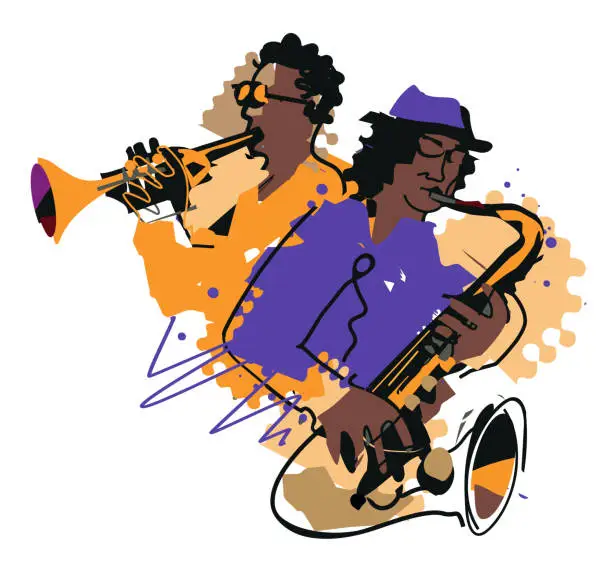 Vector illustration of Two jazzmen, Jazz theme, trumpet player and saxophonist.