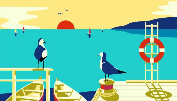 Vector illustration of Seascape with seagulls, sailboat pier on sea coast