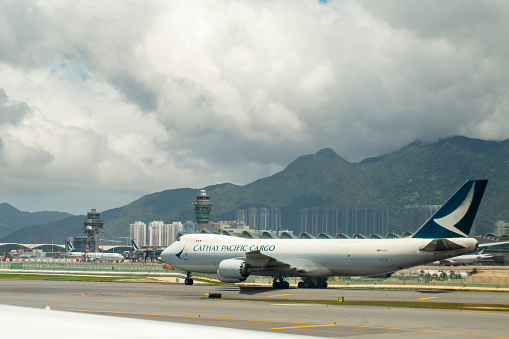 Cathay Pacific Cargo Boeing 747-867F cargo aircraft with registration B-LJA taxiing at Hong Kong International Airport in April 2023.