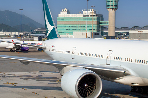 Cathay Pacific Airways Boeing 777-367ER aircraft with registration B-KQV parked at Hong Kong International Airport in April 2023.