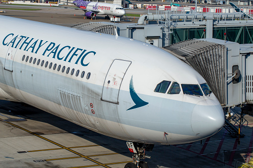 Cathay Pacific Airways Airbus A330-343 aircraft with registration B-LBF parked at Hong Kong International Airport in April 2023.
