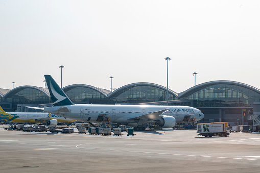 Cathay Pacific Airways Boeing 777-367ER aircraft with registration B-KQK parked at Hong Kong International Airport in April 2023.