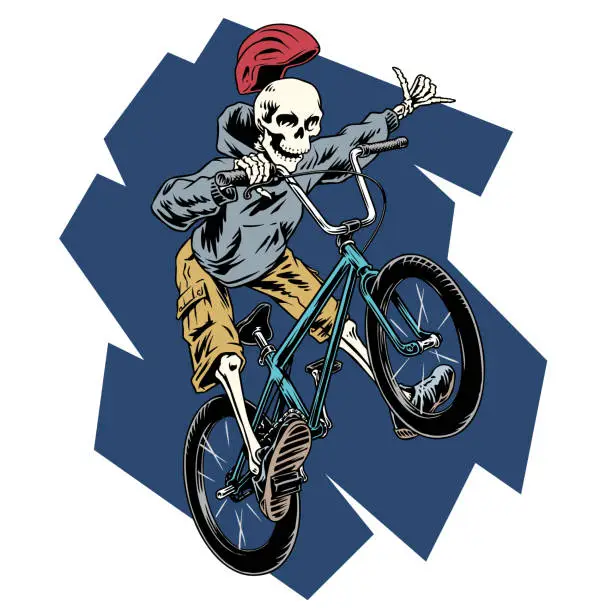 Vector illustration of Skeleton jumping on bmx bicycle, teenager doing stunt comic style vector illustration