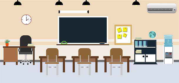 empty school classroom with blackboard, desk and necessary educational materials