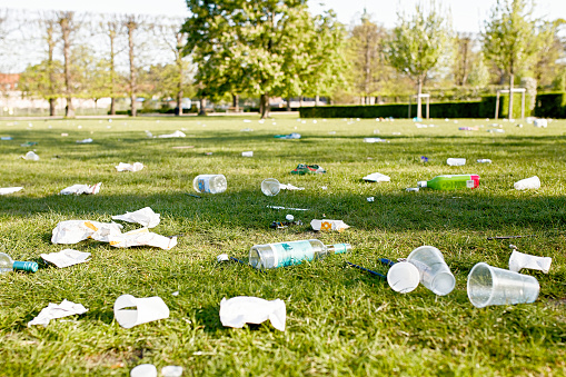 Garbage on the grass after the event, environmental pollution, ecology concept, partial focus
