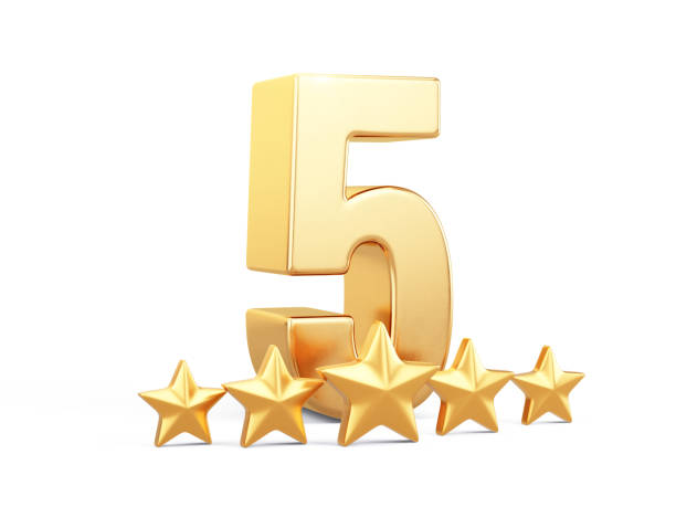 istock Five number and five gold star rate. 5 stars rating, excellent feedback concept. 3d rendering 1520068137