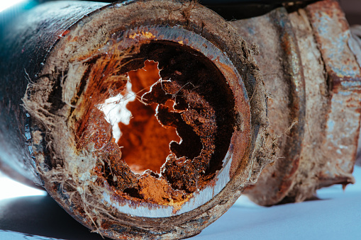 Rusty water pipe in a cut close up