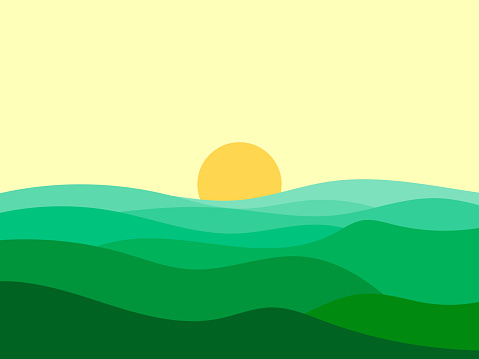 Wavy landscape with green hills and the sun on the horizon. Dawn with green meadows in a minimalist style. Design for posters, prints and banners. Vector illustration
