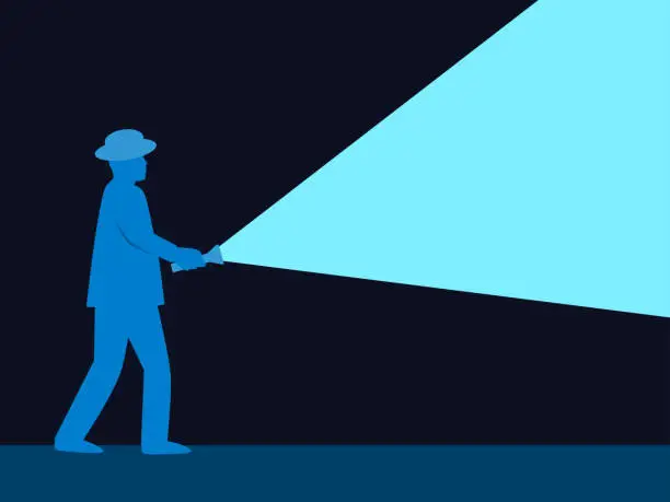 Vector illustration of Man shines a flashlight. A male silhouette in a hat holds a flashlight in his hand. Flashlight shines with a blue light in a dark place. Design for posters, prints and banners. Vector illustration