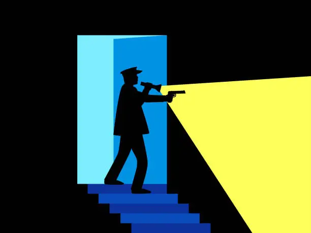 Vector illustration of A policeman with a pistol and a flashlight on the steps. Open door with a man shining a flashlight and a gun in his hand in a dark room. Design for banners, posters, book cover. Vector illustration