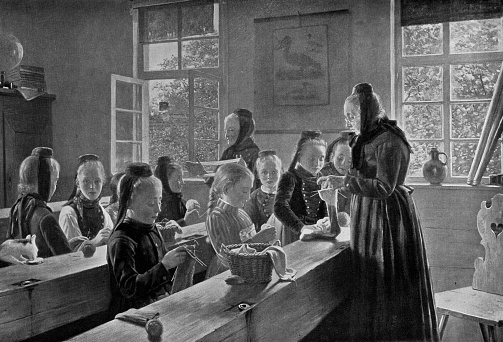 The Knitting School, painting by Fritz Sonderland (circa 19th century). Vintage etching circa 19th century.