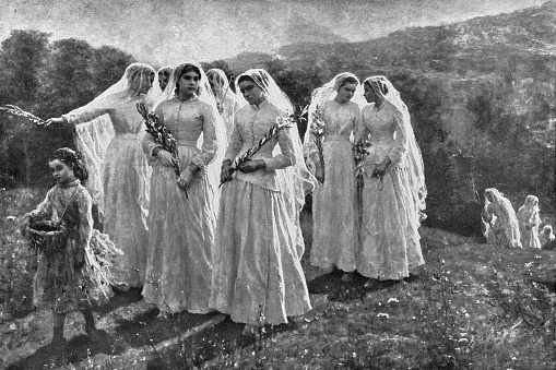 Young Women Going to the Procession, painting by Jules Breton (circa 19th century). Vintage etching circa 19th century.
