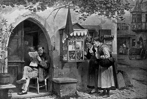 At the Shop Window, painting by Marc Louis Benjamin Vautier (circa 19th century). Vintage etching circa 19th century.
