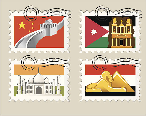 postmarks достопримечательности мира series — азия - petra stock illustrations