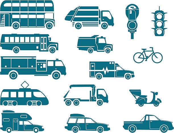 ilustraciones, imágenes clip art, dibujos animados e iconos de stock de todos los tipos de transporte de la ciudad - silhouette bus symbol motor scooter