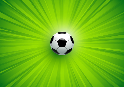Bright green Soccer poster with a football on bright speed lines pattern vector illustration background