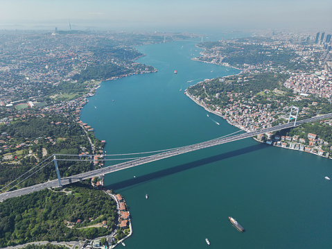 Aerial view of The Second Bosphorus Bridge or Fatih Sultan Mehmet Bridge, Istanbul.