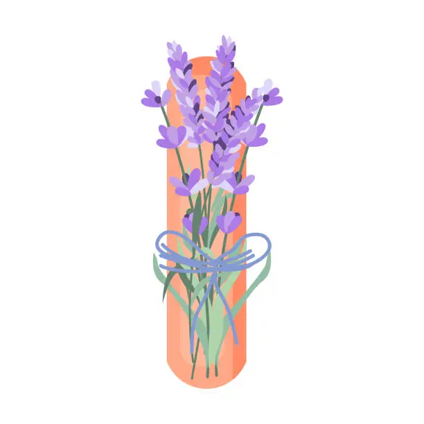 Vector illustration of Lavender flowers on wood, French blossomed violet flora. Provence floral plant. Purple lavendar stems. Lavanda blooms.