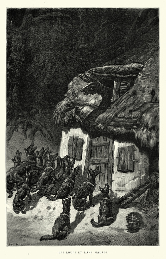 Vintage illustration of The Wolves and The Sick Ass, Les loups et l'âne malade, Fables of Aesop, 19th Century. By François Pannemaker, Moral of the story Don’t believe all rumors
