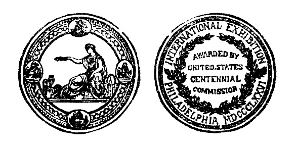 Award medal for the Centennial International Exhibition of 1876 in Philadelphia, USA. Vintage etching circa 19th century.