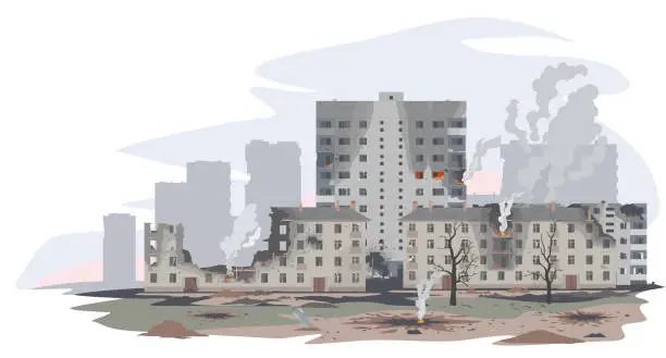 Vector illustration of Warfare destruction: City buildings post-bombing illustration